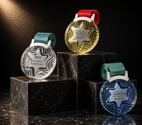 Medal Style Crystal Award Set - custom crystal awards with your logo